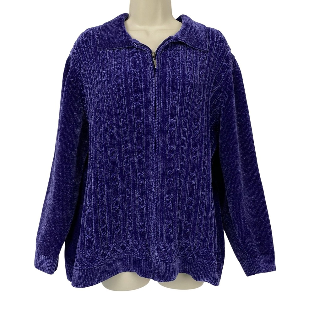 Alfred Dunner Chenille Cardigan Sweater Size 1X Purple Cable Knit Zip Up Chunky
